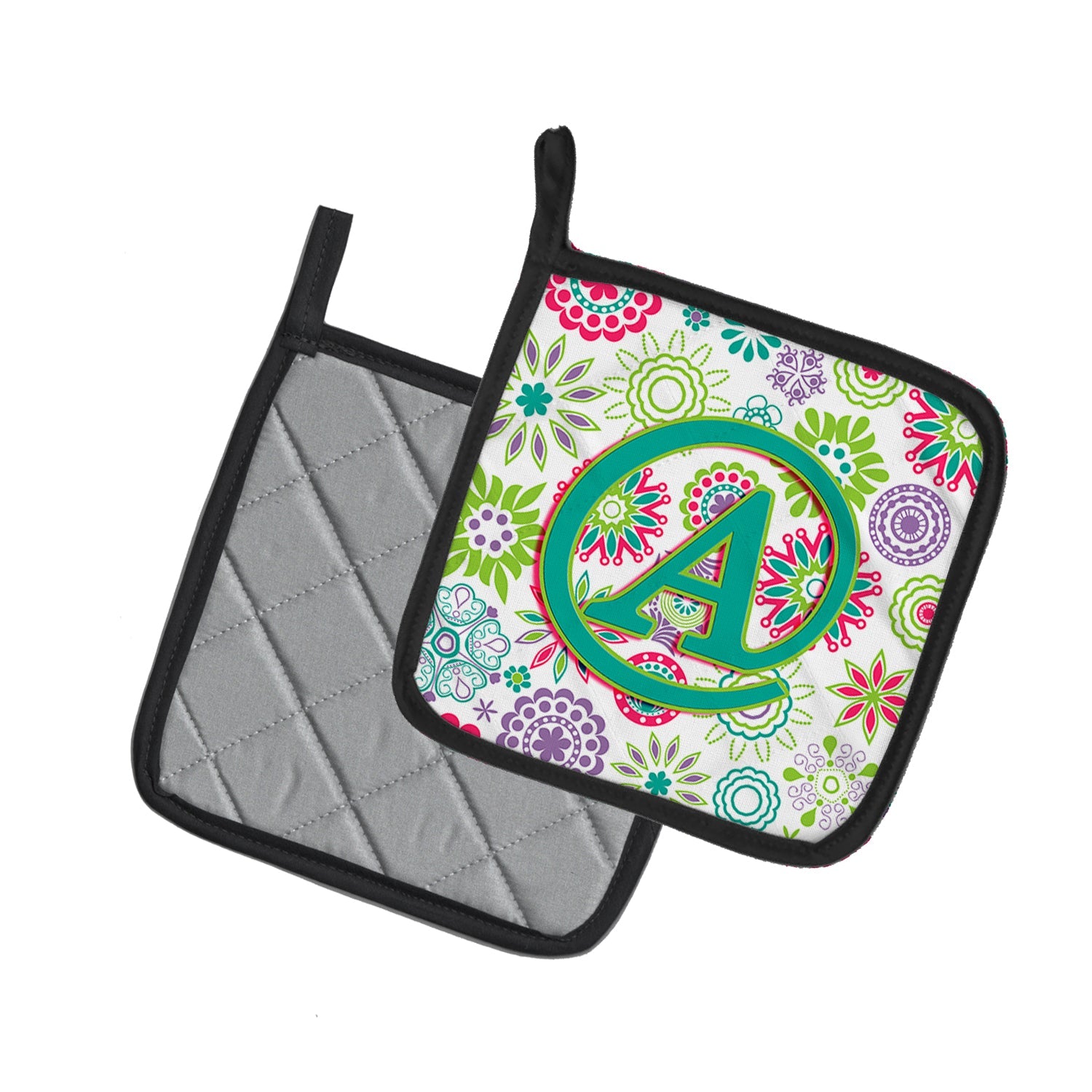 Letter A Flowers Pink Teal Green Initial Pot Holder Set of 2 Heat Resistant Quilted Hot Pads 7.5 x 7.5 Inch, Insulated Kitchen Trivets for Cooking & Baking