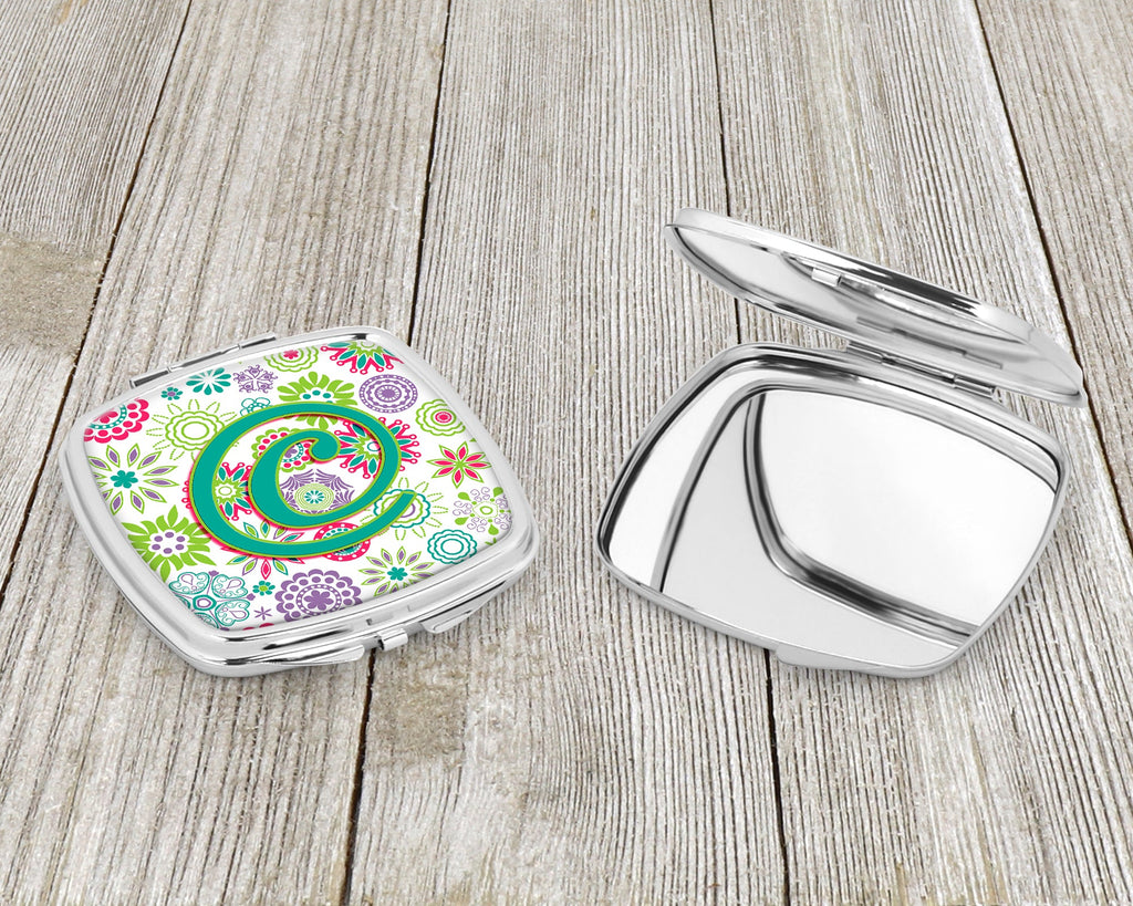 Letter C Flowers Pink Teal Green Initial Compact Mirror Decorative Travel Makeup Mirror for Women Girls Gifts Pocket Makeup Mirror Folding Handheld