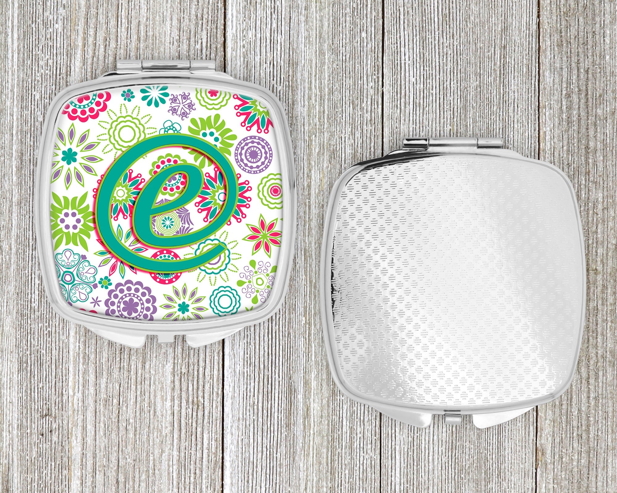 Letter E Flowers Pink Teal Green Initial Compact Mirror Decorative Travel Makeup Mirror for Women Girls Gifts Pocket Makeup Mirror Folding Handheld