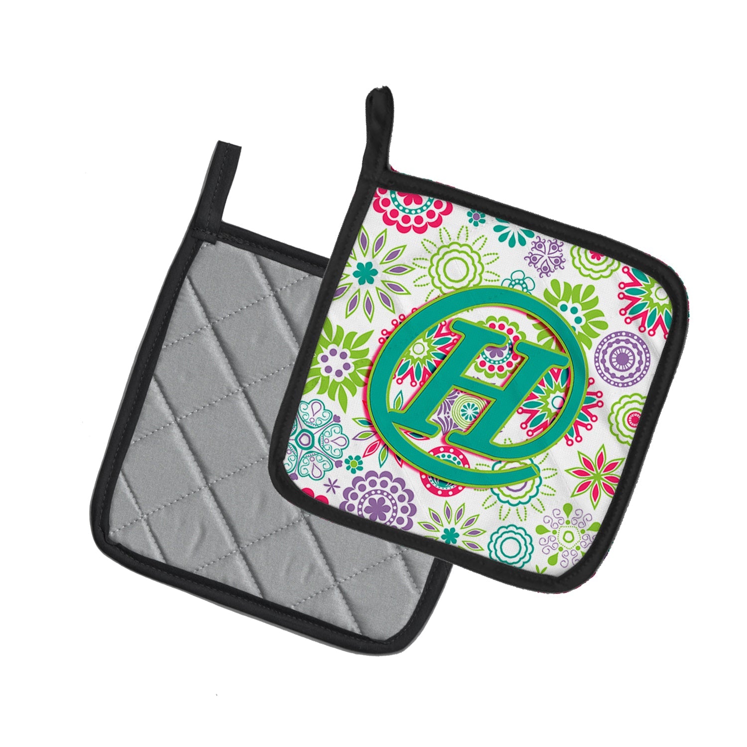 Letter H Flowers Pink Teal Green Initial Pot Holder Set of 2 Heat Resistant Quilted Hot Pads 7.5 x 7.5 Inch, Insulated Kitchen Trivets for Cooking & Baking