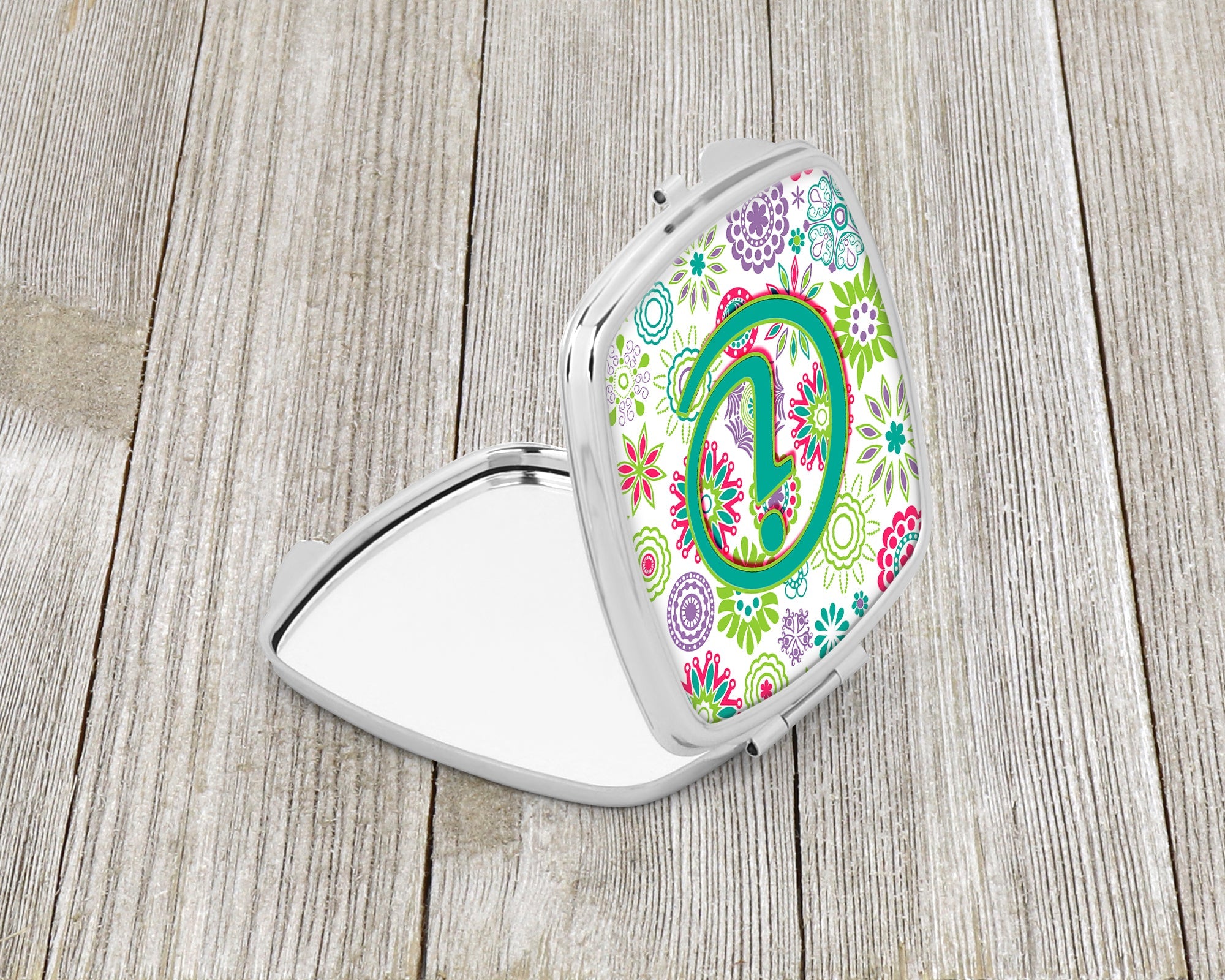 Letter I Flowers Pink Teal Green Initial Compact Mirror Decorative Travel Makeup Mirror for Women Girls Gifts Pocket Makeup Mirror Folding Handheld