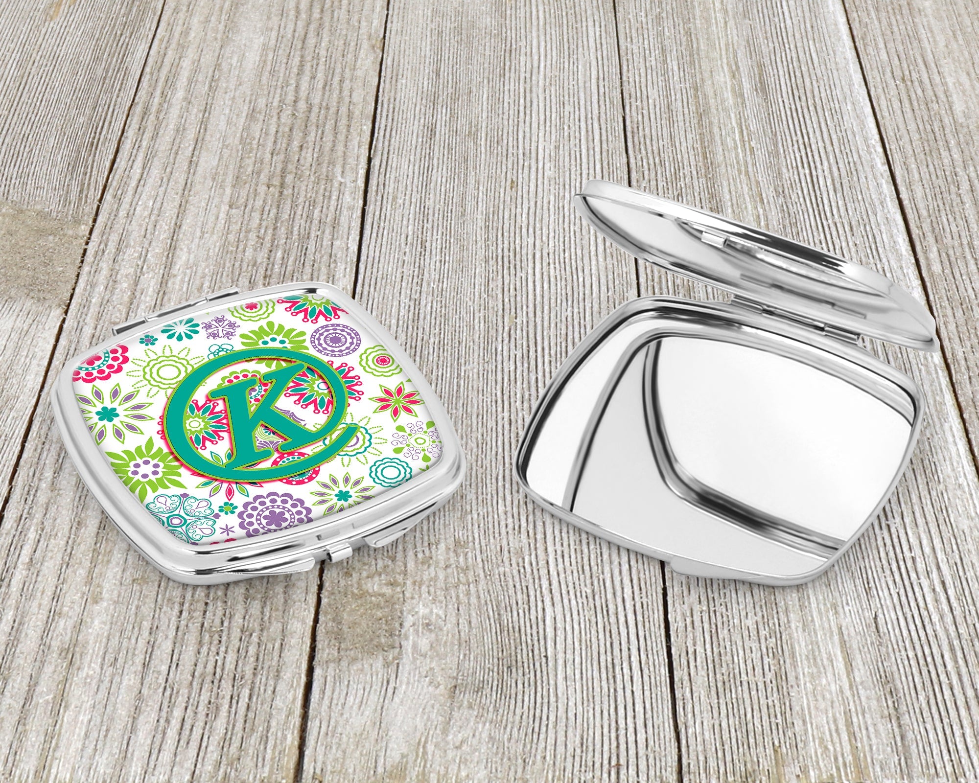 Letter K Flowers Pink Teal Green Initial Compact Mirror Decorative Travel Makeup Mirror for Women Girls Gifts Pocket Makeup Mirror Folding Handheld