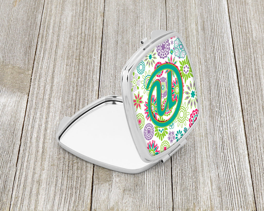 Letter N Flowers Pink Teal Green Initial Compact Mirror Decorative Travel Makeup Mirror for Women Girls Gifts Pocket Makeup Mirror Folding Handheld