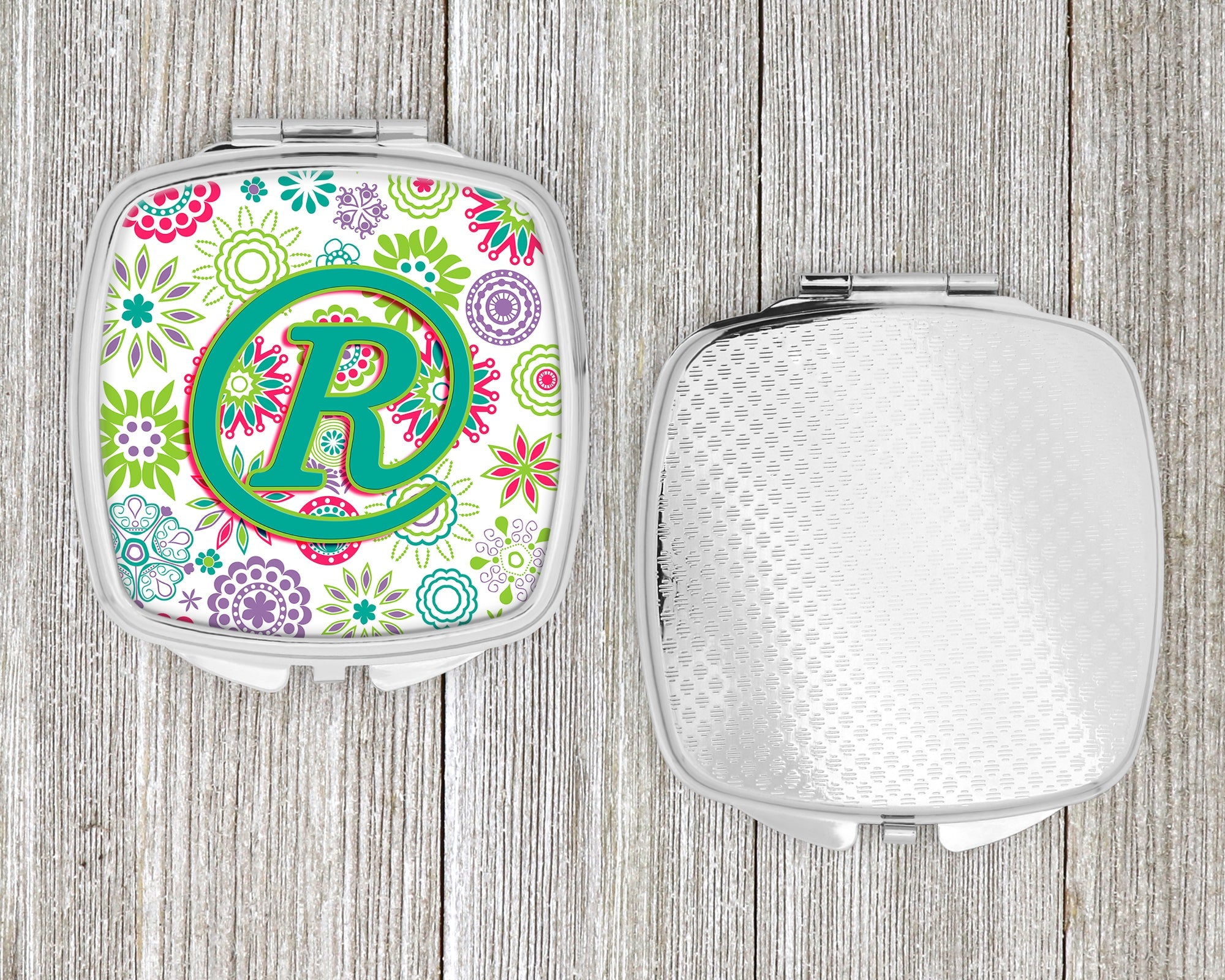 Letter R Flowers Pink Teal Green Initial Compact Mirror Decorative Travel Makeup Mirror for Women Girls Gifts Pocket Makeup Mirror Folding Handheld