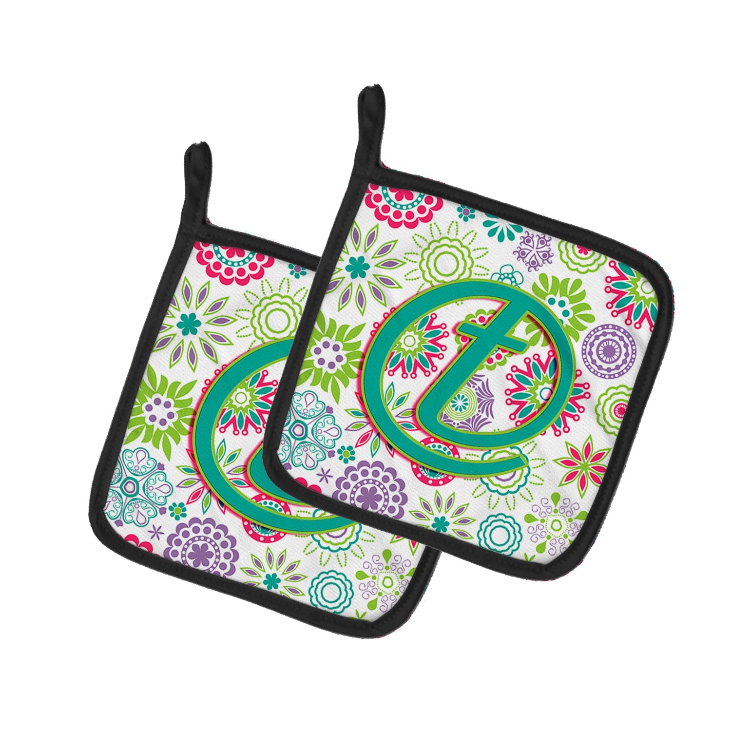 Letter T Flowers Pink Teal Green Initial Pot Holder Set of 2 Heat Resistant Quilted Hot Pads 7.5 x 7.5 Inch, Insulated Kitchen Trivets for Cooking & Baking