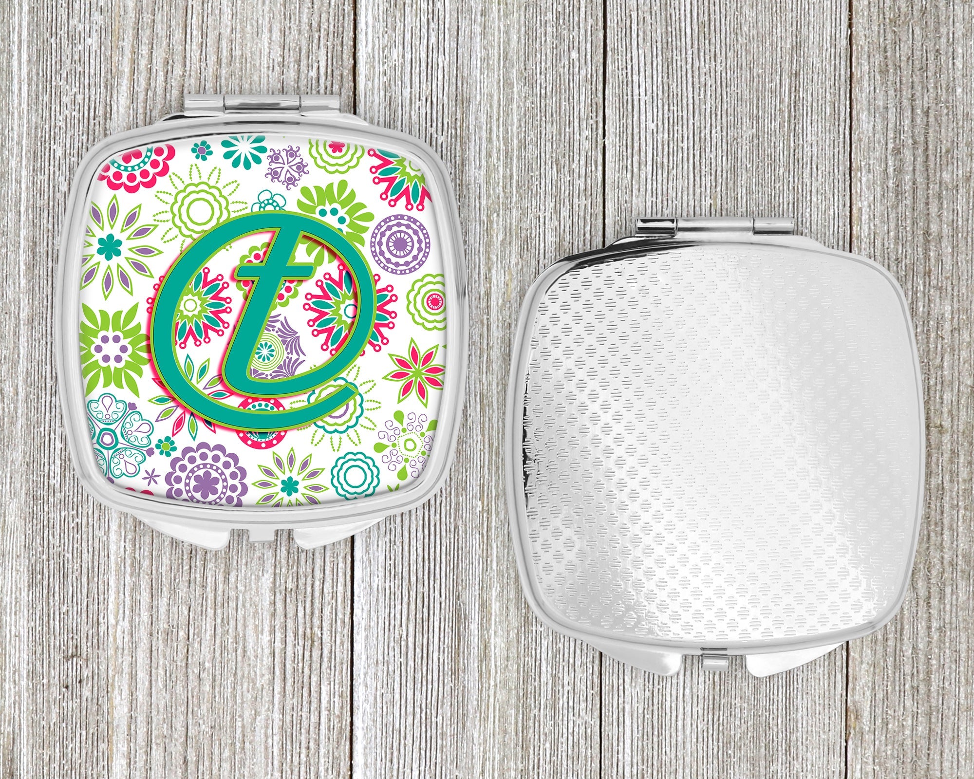 Letter T Flowers Pink Teal Green Initial Compact Mirror Decorative Travel Makeup Mirror for Women Girls Gifts Pocket Makeup Mirror Folding Handheld