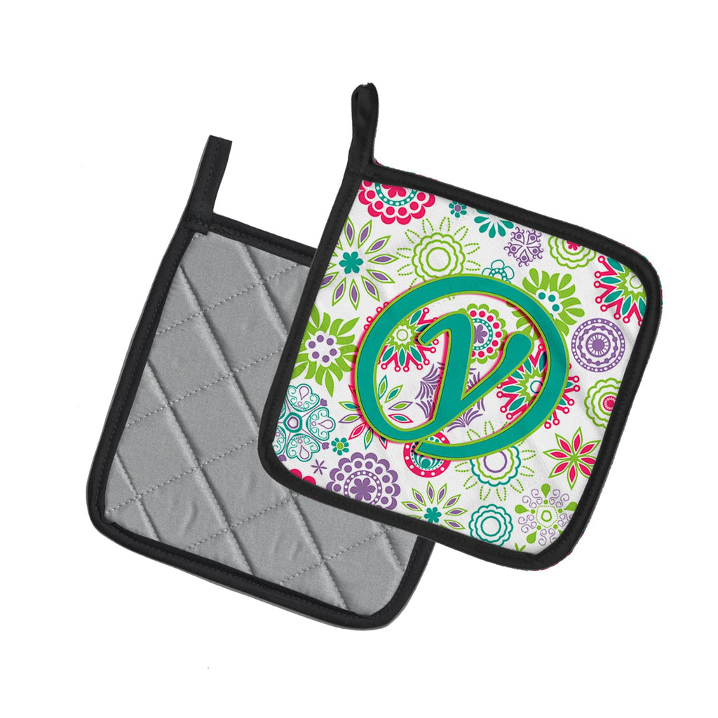 Letter Y Flowers Pink Teal Green Initial Pot Holder Set of 2 Heat Resistant Quilted Hot Pads 7.5 x 7.5 Inch, Insulated Kitchen Trivets for Cooking & Baking