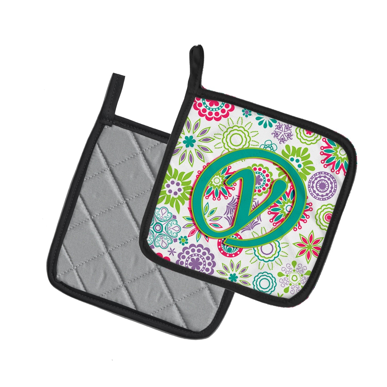Letter Y Flowers Pink Teal Green Initial Pot Holder Set of 2 Heat Resistant Quilted Hot Pads 7.5 x 7.5 Inch, Insulated Kitchen Trivets for Cooking & Baking