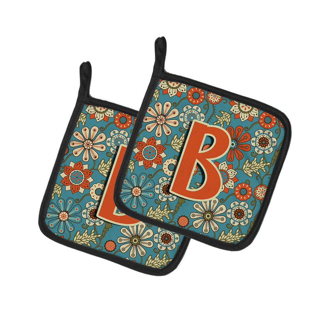 Letter B Flowers Retro Blue Pot Holder Set of 2 Heat Resistant Quilted Hot Pads 7.5 x 7.5 Inch, Insulated Kitchen Trivets for Cooking & Baking