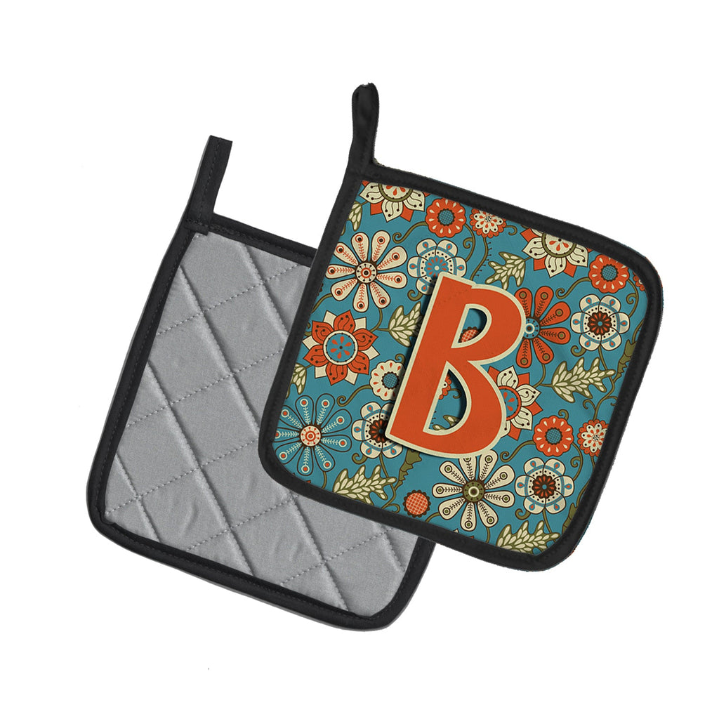 Letter B Flowers Retro Blue Pot Holder Set of 2 Heat Resistant Quilted Hot Pads 7.5 x 7.5 Inch, Insulated Kitchen Trivets for Cooking & Baking