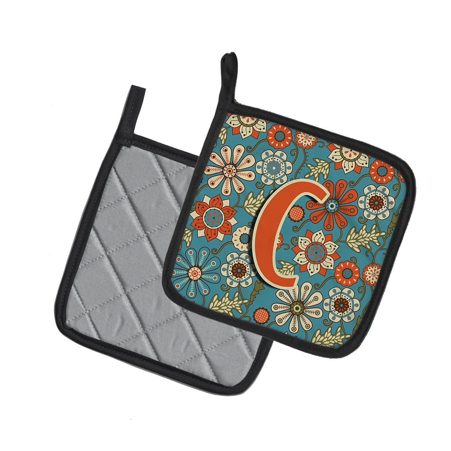 Letter C Flowers Retro Blue Pot Holder Set of 2 Heat Resistant Quilted Hot Pads 7.5 x 7.5 Inch, Insulated Kitchen Trivets for Cooking & Baking