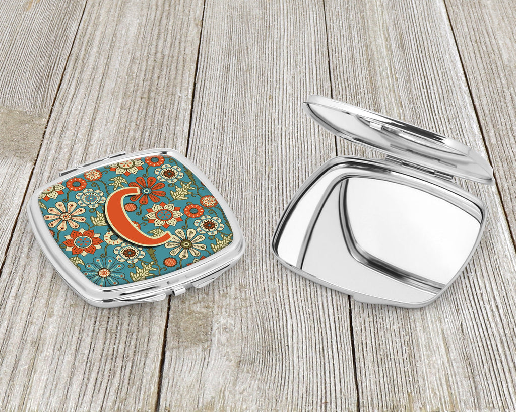 Letter C Flowers Retro Blue Compact Mirror Decorative Travel Makeup Mirror for Women Girls Gifts Pocket Makeup Mirror Folding Handheld