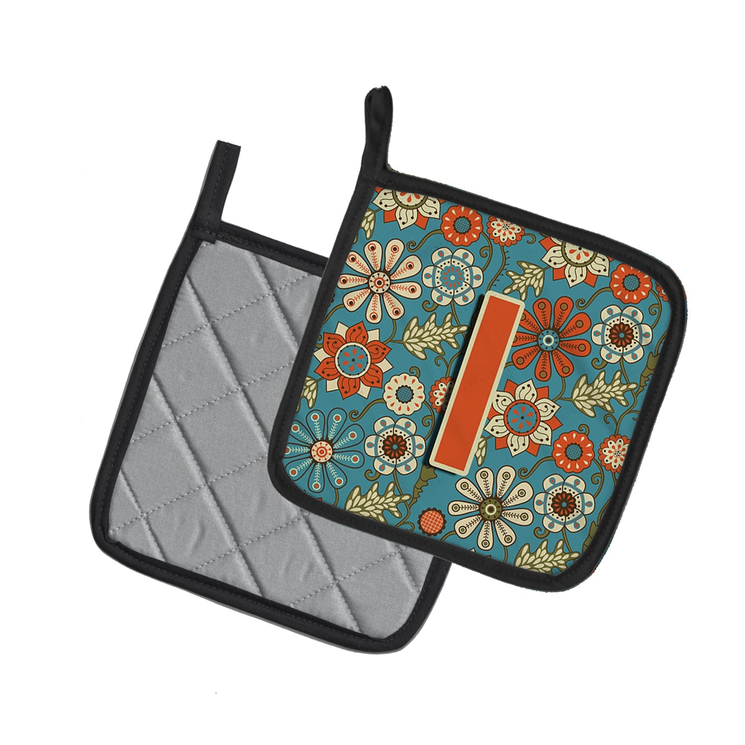 Letter I Flowers Retro Blue Pot Holder Set of 2 Heat Resistant Quilted Hot Pads 7.5 x 7.5 Inch, Insulated Kitchen Trivets for Cooking & Baking