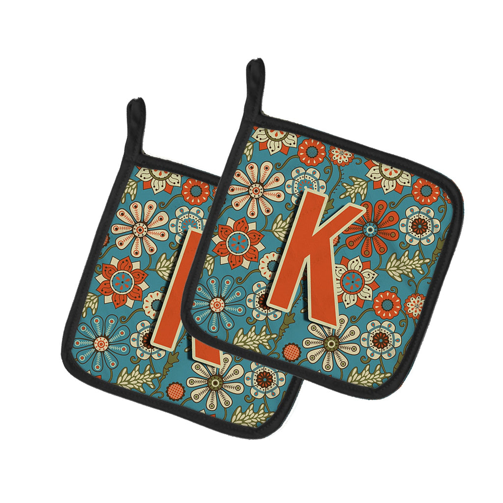 Letter K Flowers Retro Blue Pot Holder Set of 2 Heat Resistant Quilted Hot Pads 7.5 x 7.5 Inch, Insulated Kitchen Trivets for Cooking & Baking