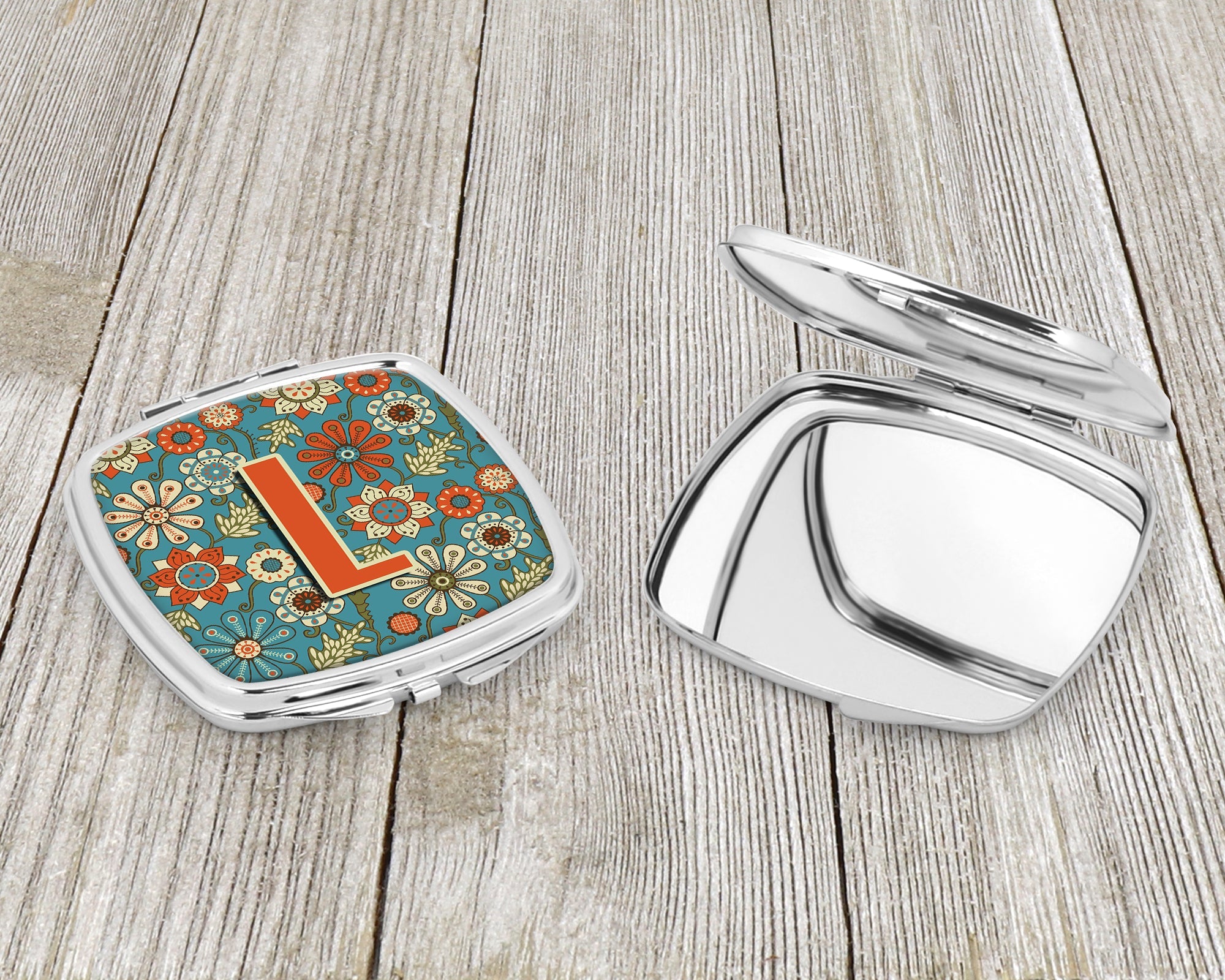 Letter L Flowers Retro Blue Compact Mirror Decorative Travel Makeup Mirror for Women Girls Gifts Pocket Makeup Mirror Folding Handheld