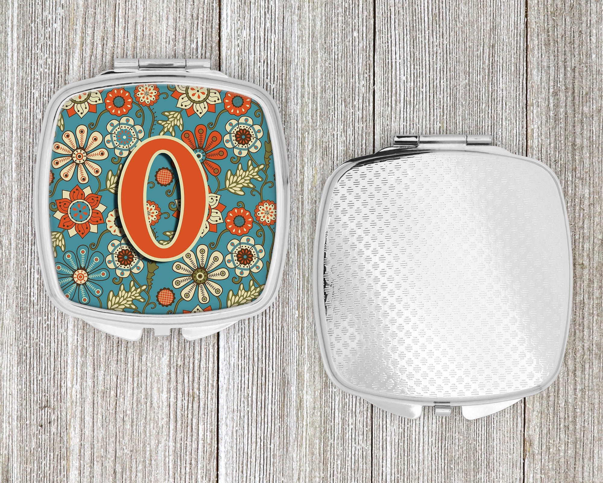 Letter O Flowers Retro Blue Compact Mirror Decorative Travel Makeup Mirror for Women Girls Gifts Pocket Makeup Mirror Folding Handheld
