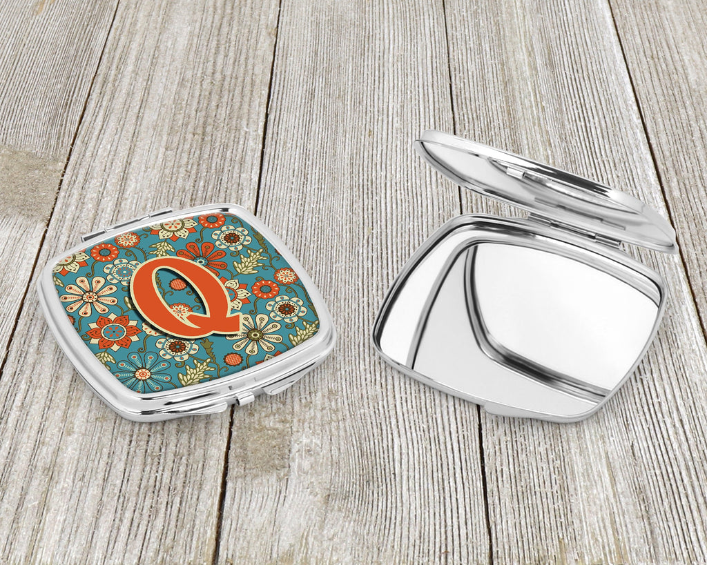 Letter Q Flowers Retro Blue Compact Mirror Decorative Travel Makeup Mirror for Women Girls Gifts Pocket Makeup Mirror Folding Handheld