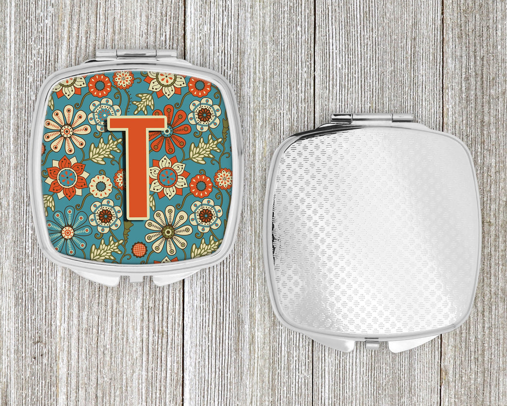Letter T Flowers Retro Blue Compact Mirror Decorative Travel Makeup Mirror for Women Girls Gifts Pocket Makeup Mirror Folding Handheld
