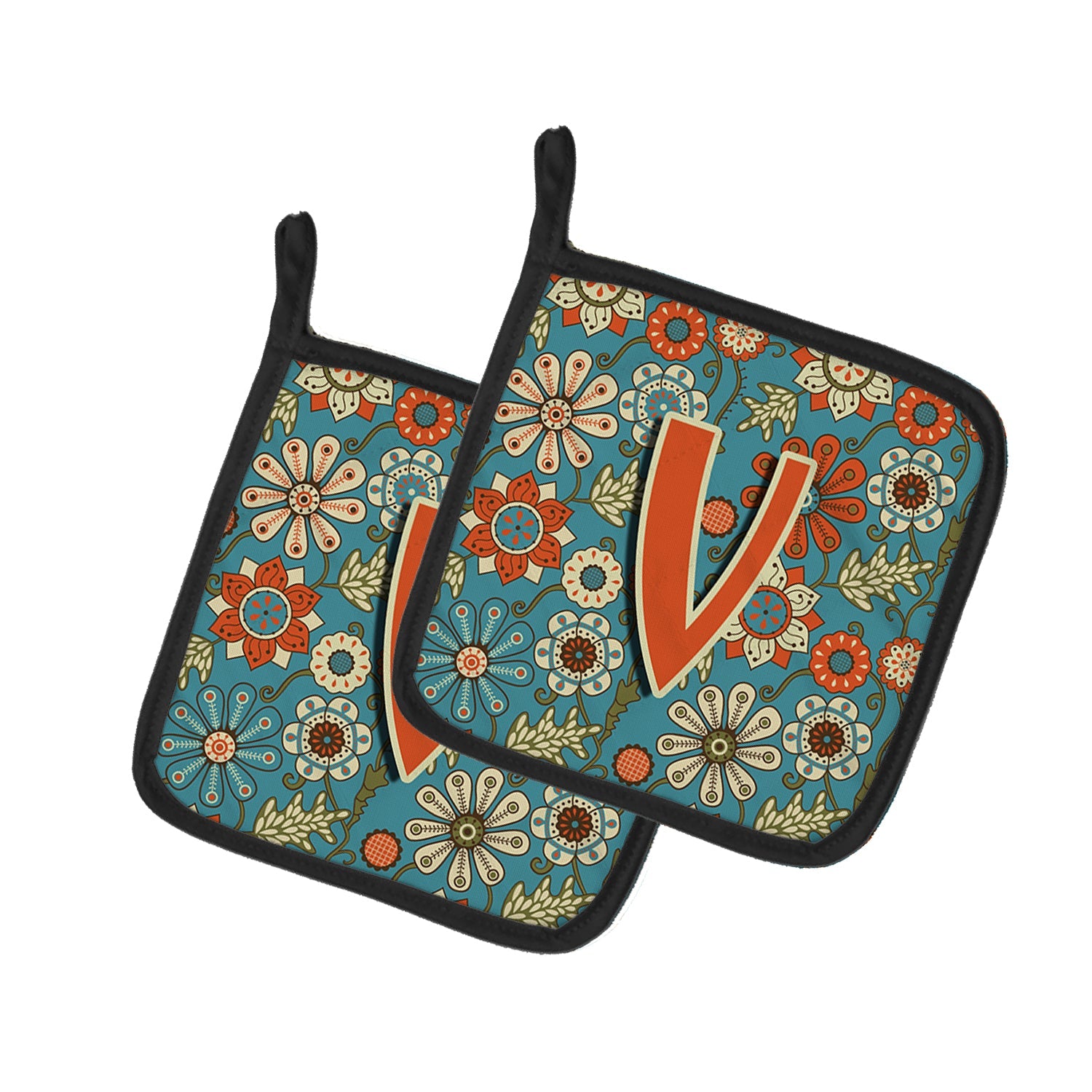 Letter V Flowers Retro Blue Pot Holder Set of 2 Heat Resistant Quilted Hot Pads 7.5 x 7.5 Inch, Insulated Kitchen Trivets for Cooking & Baking