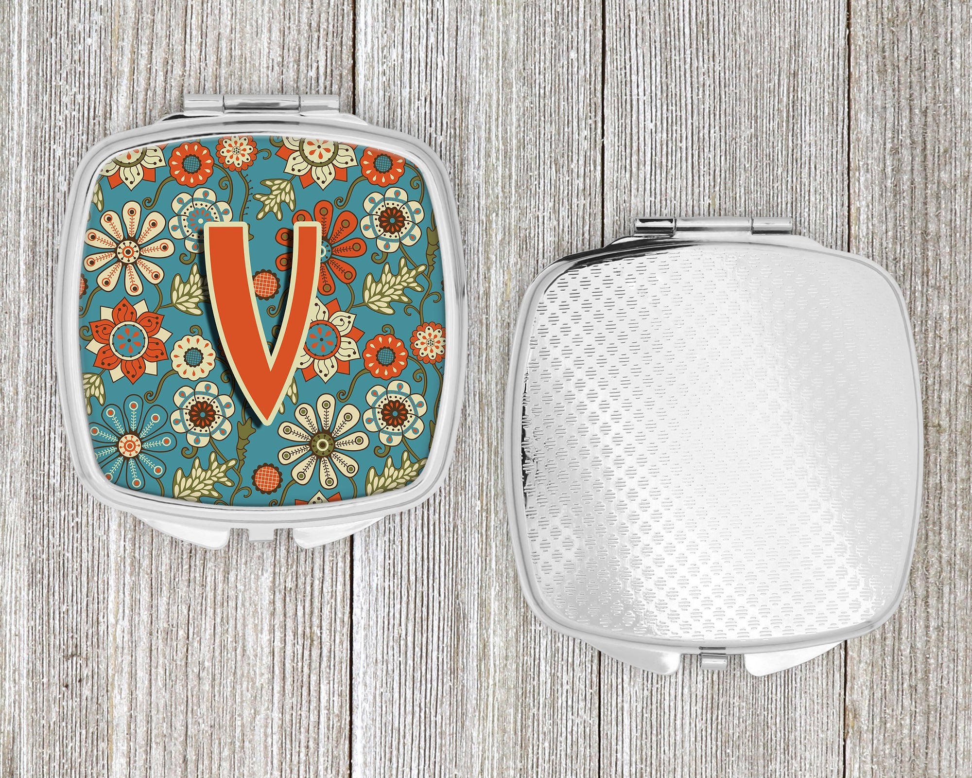 Letter V Flowers Retro Blue Compact Mirror Decorative Travel Makeup Mirror for Women Girls Gifts Pocket Makeup Mirror Folding Handheld
