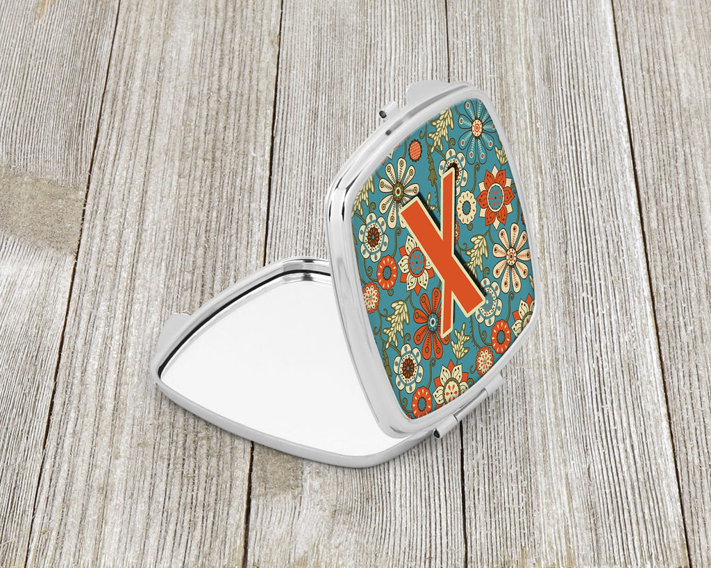 Letter X Flowers Retro Blue Compact Mirror Decorative Travel Makeup Mirror for Women Girls Gifts Pocket Makeup Mirror Folding Handheld