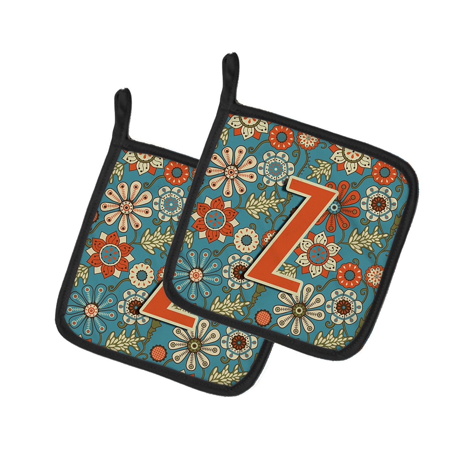 Letter Z Flowers Retro Blue Pot Holder Set of 2 Heat Resistant Quilted Hot Pads 7.5 x 7.5 Inch, Insulated Kitchen Trivets for Cooking & Baking