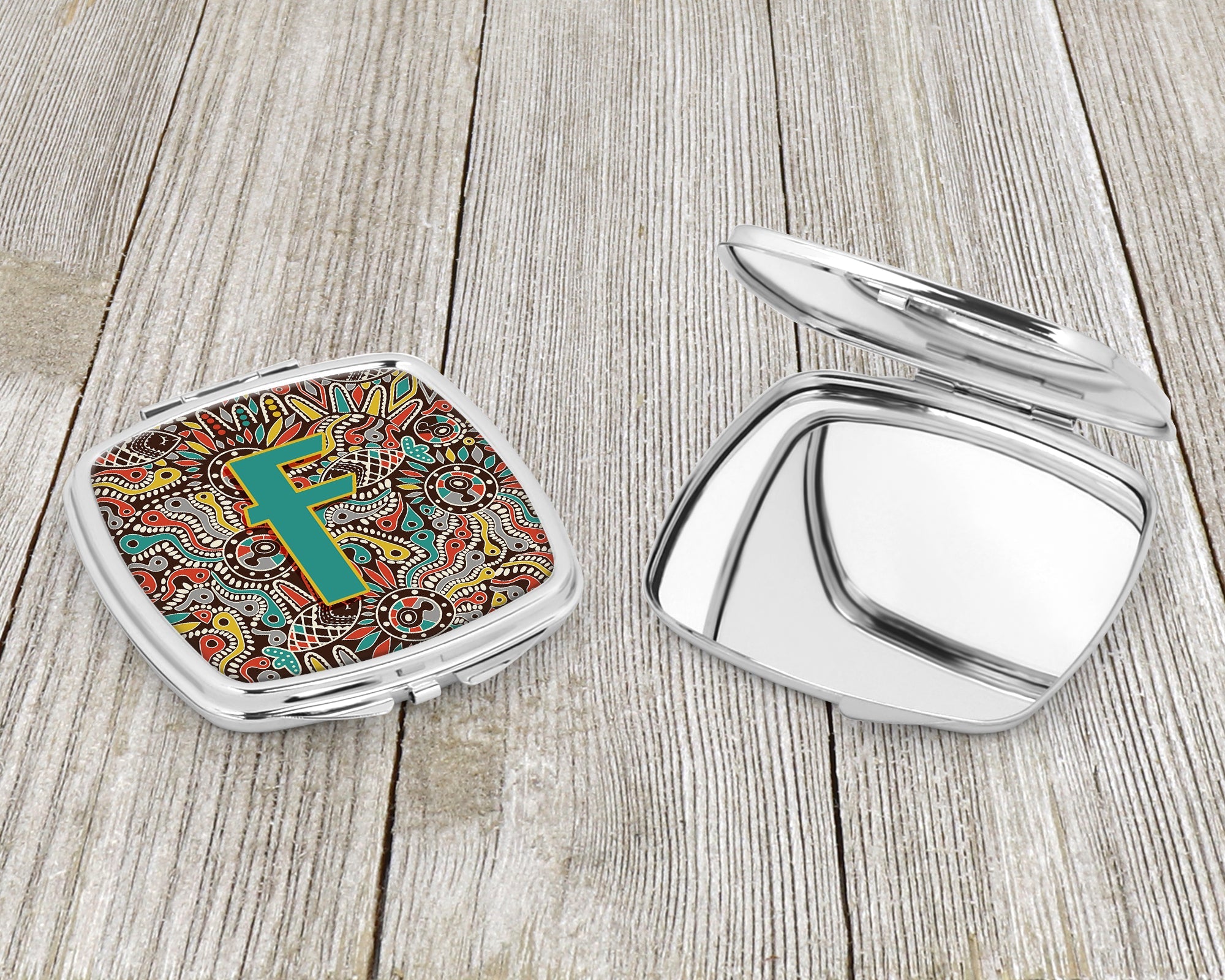 Letter F Retro Tribal Alphabet Initial Compact Mirror Decorative Travel Makeup Mirror for Women Girls Gifts Pocket Makeup Mirror Folding Handheld