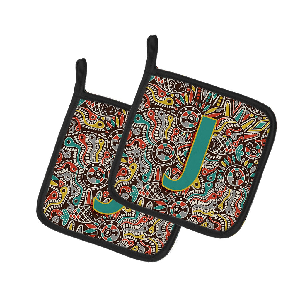 Letter J Retro Tribal Alphabet Initial Pot Holder Set of 2 Heat Resistant Quilted Hot Pads 7.5 x 7.5 Inch, Insulated Kitchen Trivets for Cooking & Baking