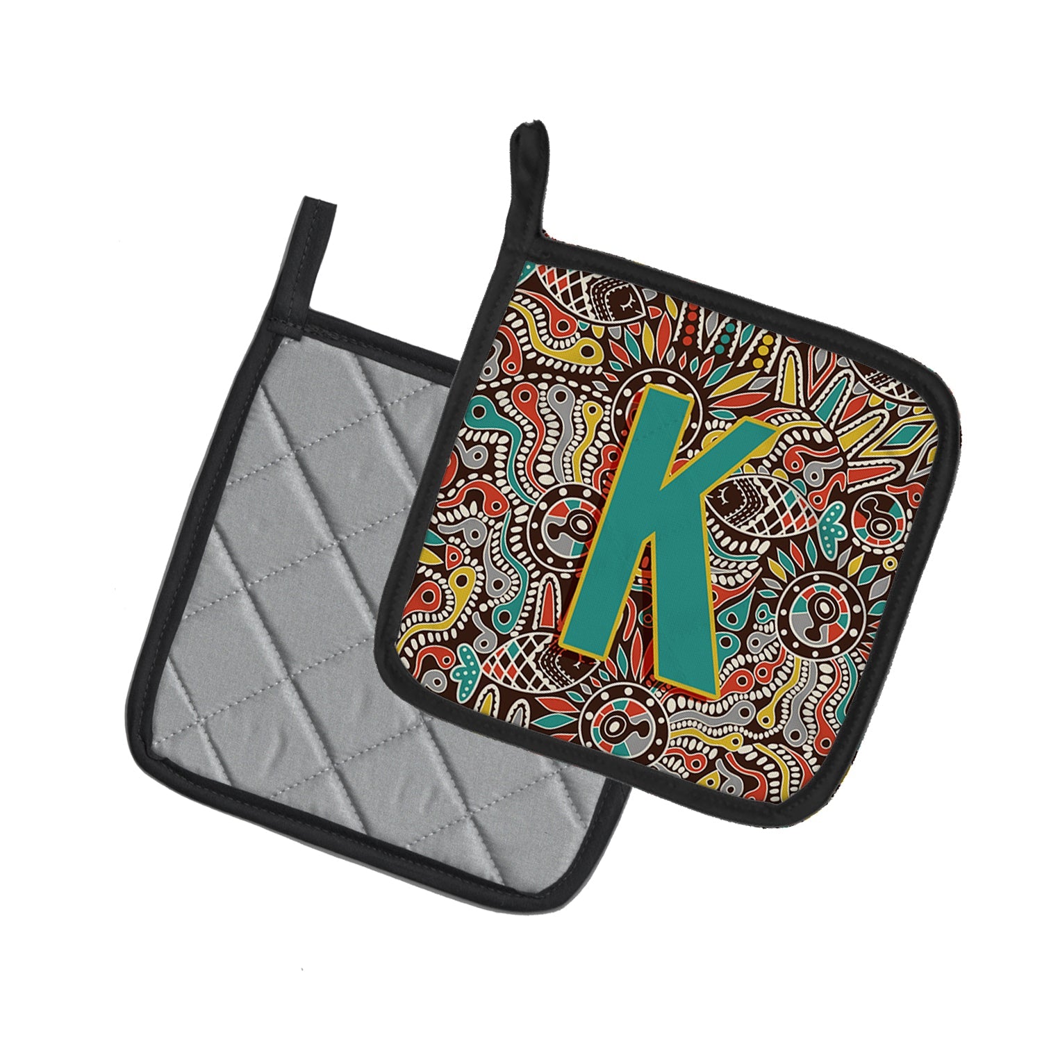 Letter K Retro Tribal Alphabet Initial Pot Holder Set of 2 Heat Resistant Quilted Hot Pads 7.5 x 7.5 Inch, Insulated Kitchen Trivets for Cooking & Baking