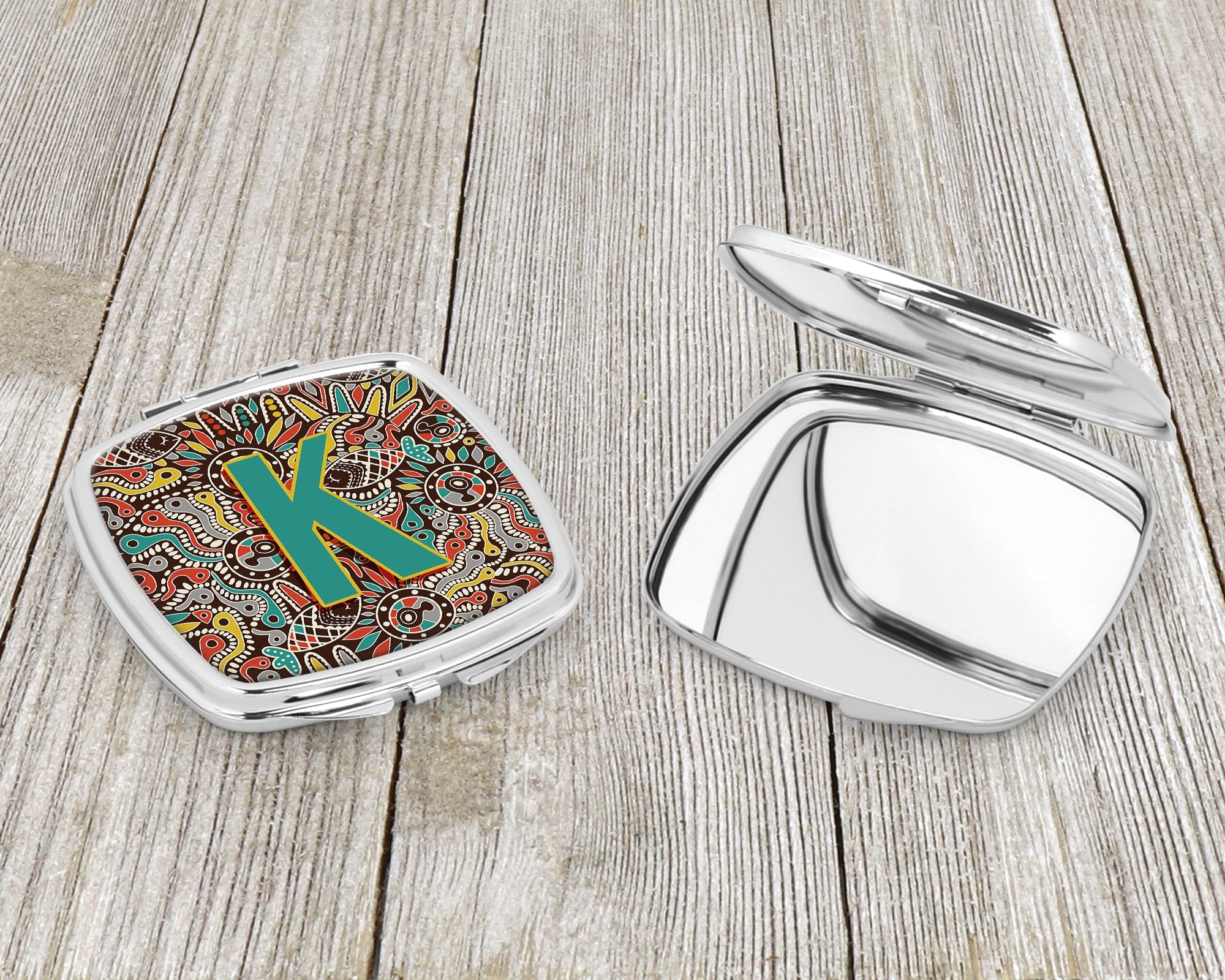 Letter K Retro Tribal Alphabet Initial Compact Mirror Decorative Travel Makeup Mirror for Women Girls Gifts Pocket Makeup Mirror Folding Handheld