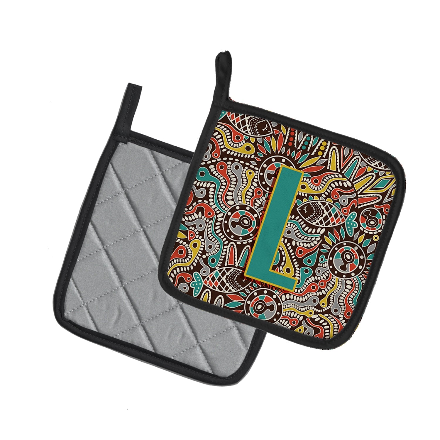 Letter L Retro Tribal Alphabet Initial Pot Holder Set of 2 Heat Resistant Quilted Hot Pads 7.5 x 7.5 Inch, Insulated Kitchen Trivets for Cooking & Baking