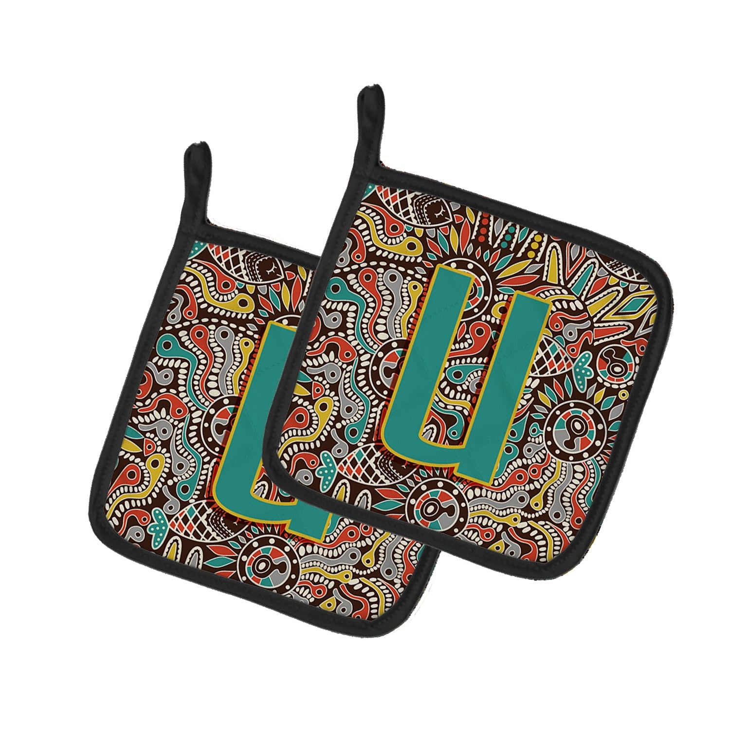 Letter U Retro Tribal Alphabet Initial Pot Holder Set of 2 Heat Resistant Quilted Hot Pads 7.5 x 7.5 Inch, Insulated Kitchen Trivets for Cooking & Baking
