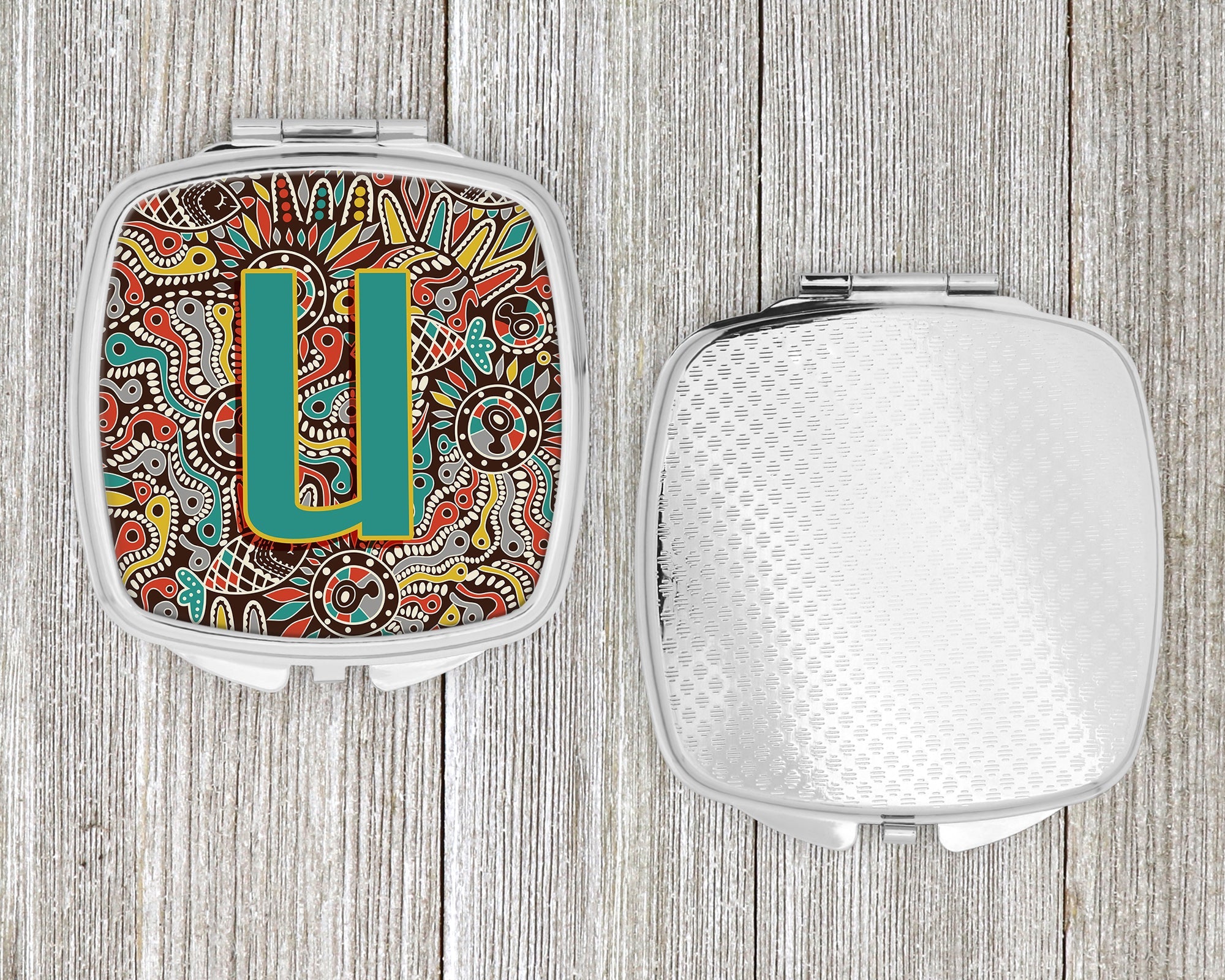 Letter U Retro Tribal Alphabet Initial Compact Mirror Decorative Travel Makeup Mirror for Women Girls Gifts Pocket Makeup Mirror Folding Handheld