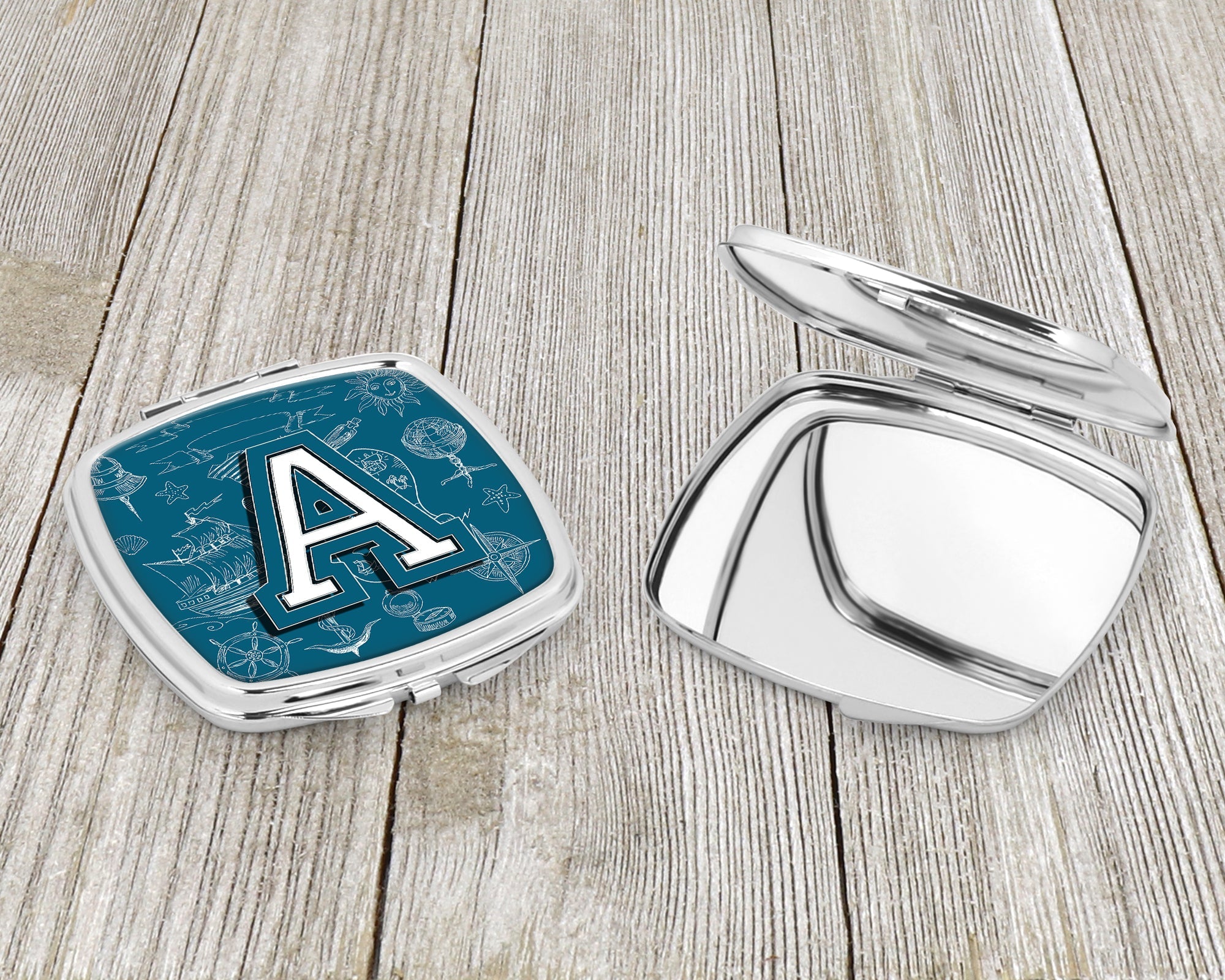Letter A Sea Doodles Initial Alphabet Compact Mirror Decorative Travel Makeup Mirror for Women Girls Gifts Pocket Makeup Mirror Folding Handheld