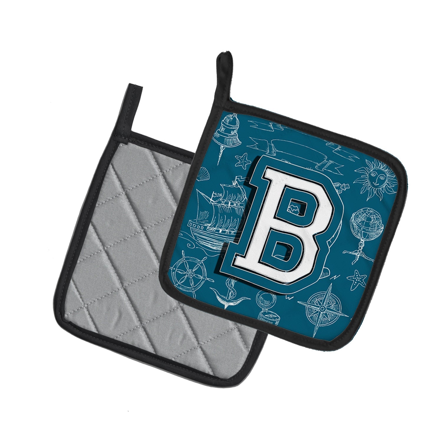 Letter B Sea Doodles Initial Alphabet Pot Holder Set of 2 Heat Resistant Quilted Hot Pads 7.5 x 7.5 Inch, Insulated Kitchen Trivets for Cooking & Baking