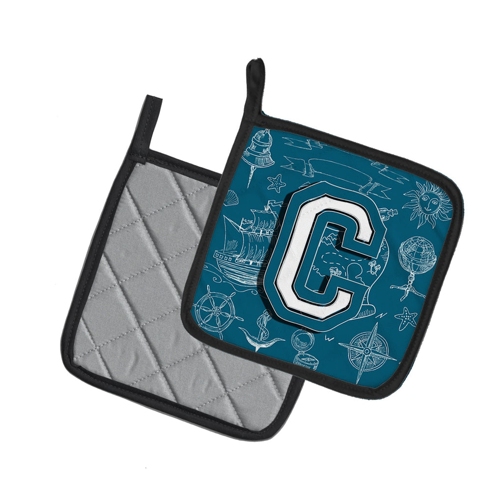 Letter C Sea Doodles Initial Alphabet Pot Holder Set of 2 Heat Resistant Quilted Hot Pads 7.5 x 7.5 Inch, Insulated Kitchen Trivets for Cooking & Baking