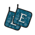 Letter E Sea Doodles Initial Alphabet Pot Holder Set of 2 Heat Resistant Quilted Hot Pads 7.5 x 7.5 Inch, Insulated Kitchen Trivets for Cooking & Baking