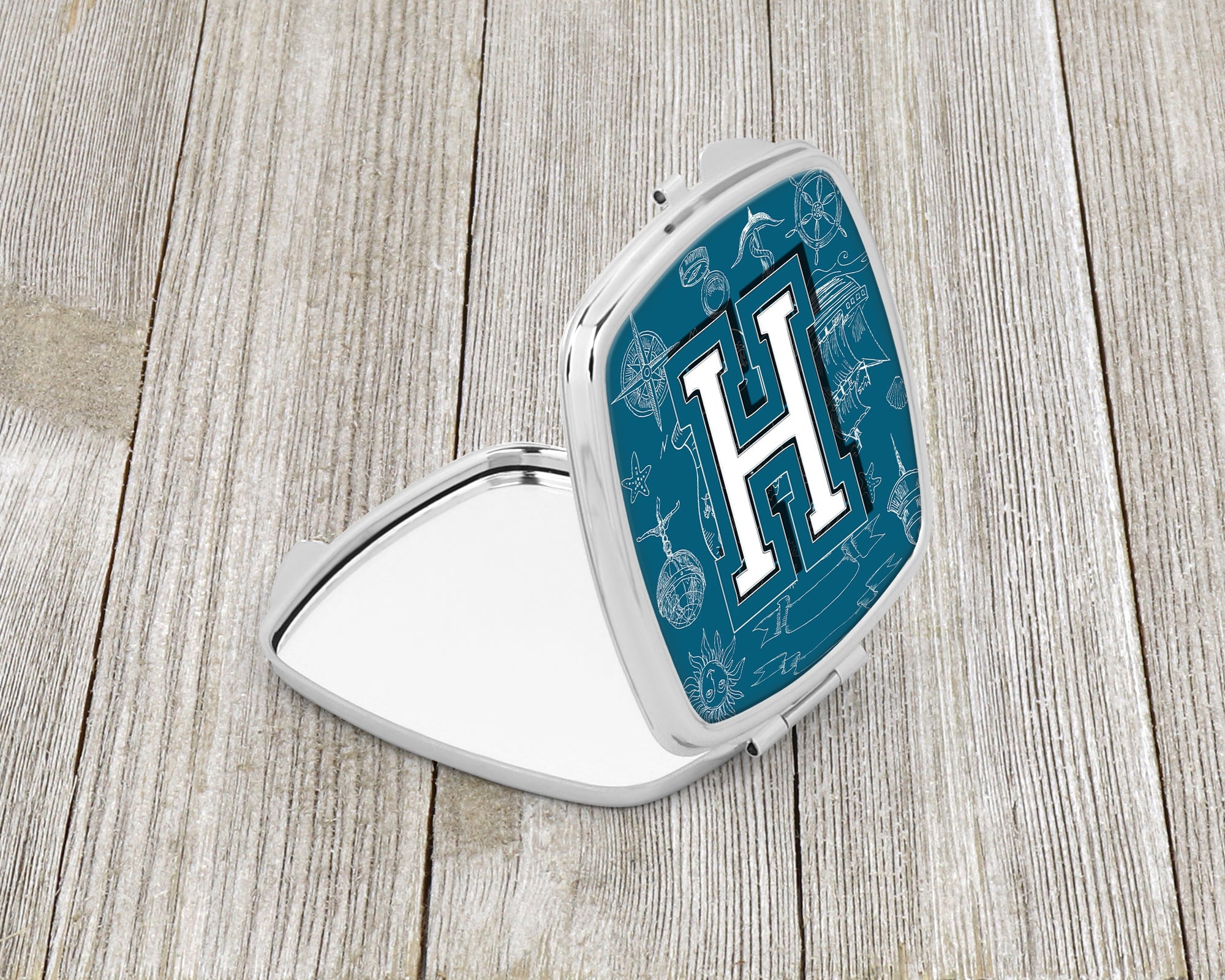Letter H Sea Doodles Initial Alphabet Compact Mirror Decorative Travel Makeup Mirror for Women Girls Gifts Pocket Makeup Mirror Folding Handheld