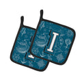 Letter I Sea Doodles Initial Alphabet Pot Holder Set of 2 Heat Resistant Quilted Hot Pads 7.5 x 7.5 Inch, Insulated Kitchen Trivets for Cooking & Baking
