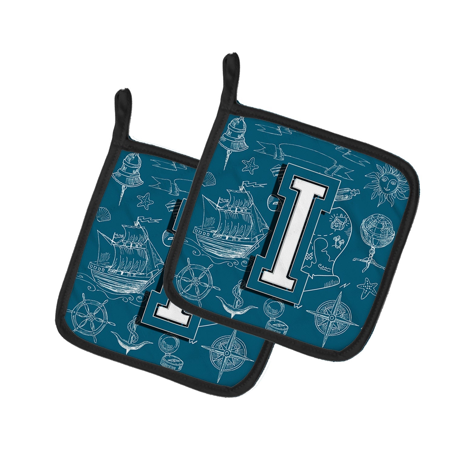 Letter I Sea Doodles Initial Alphabet Pot Holder Set of 2 Heat Resistant Quilted Hot Pads 7.5 x 7.5 Inch, Insulated Kitchen Trivets for Cooking & Baking