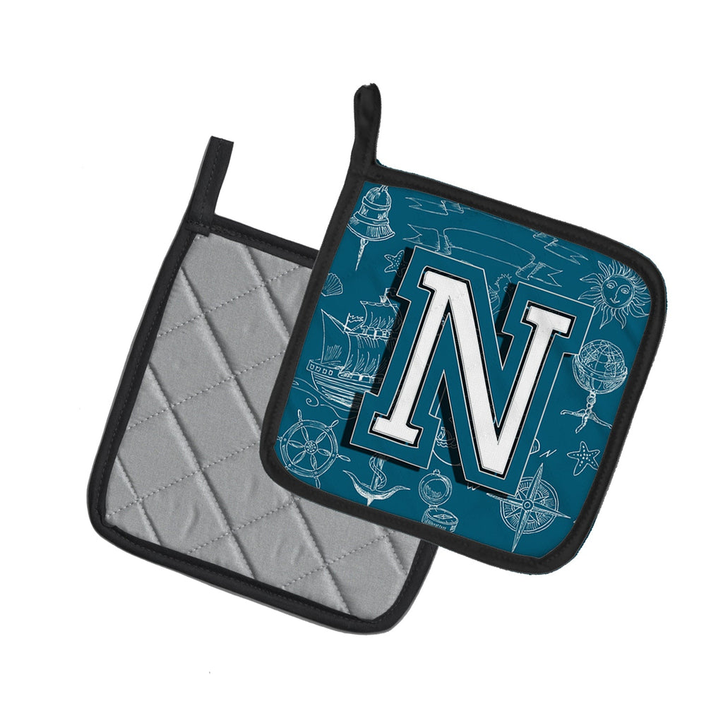 Letter N Sea Doodles Initial Alphabet Pot Holder Set of 2 Heat Resistant Quilted Hot Pads 7.5 x 7.5 Inch, Insulated Kitchen Trivets for Cooking & Baking