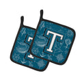 Letter T Sea Doodles Initial Alphabet Pot Holder Set of 2 Heat Resistant Quilted Hot Pads 7.5 x 7.5 Inch, Insulated Kitchen Trivets for Cooking & Baking