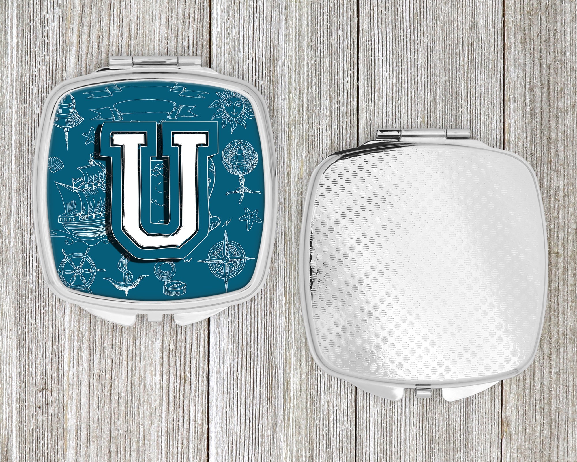 Letter U Sea Doodles Initial Alphabet Compact Mirror Decorative Travel Makeup Mirror for Women Girls Gifts Pocket Makeup Mirror Folding Handheld