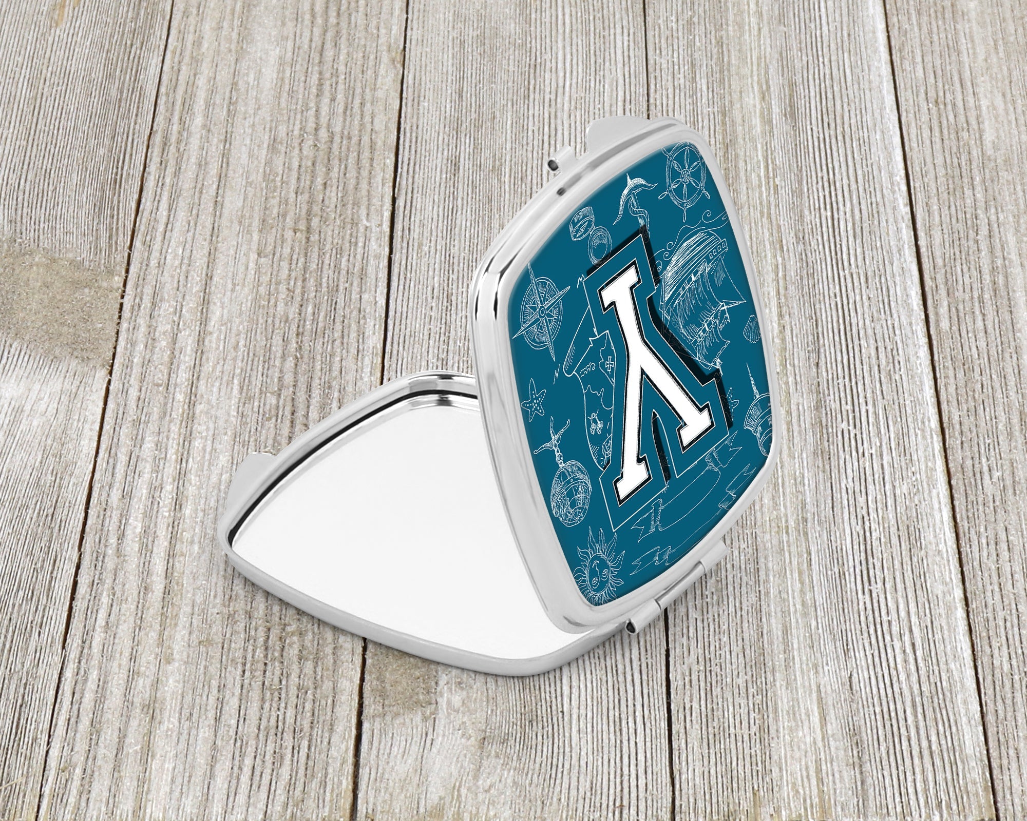 Letter Y Sea Doodles Initial Alphabet Compact Mirror Decorative Travel Makeup Mirror for Women Girls Gifts Pocket Makeup Mirror Folding Handheld