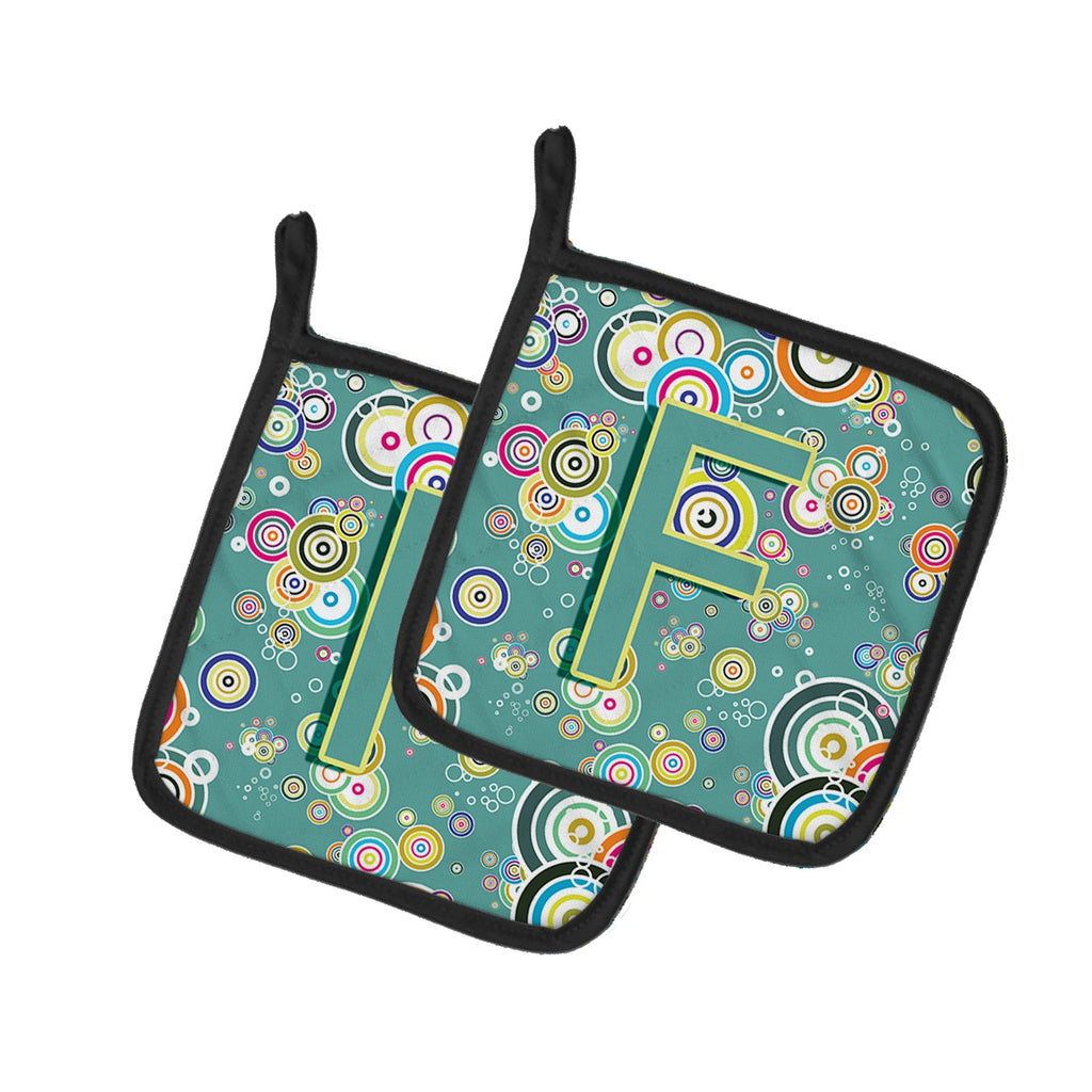 Letter F Circle Circle Teal Initial Alphabet Pot Holder Set of 2 Heat Resistant Quilted Hot Pads 7.5 x 7.5 Inch, Insulated Kitchen Trivets for Cooking & Baking