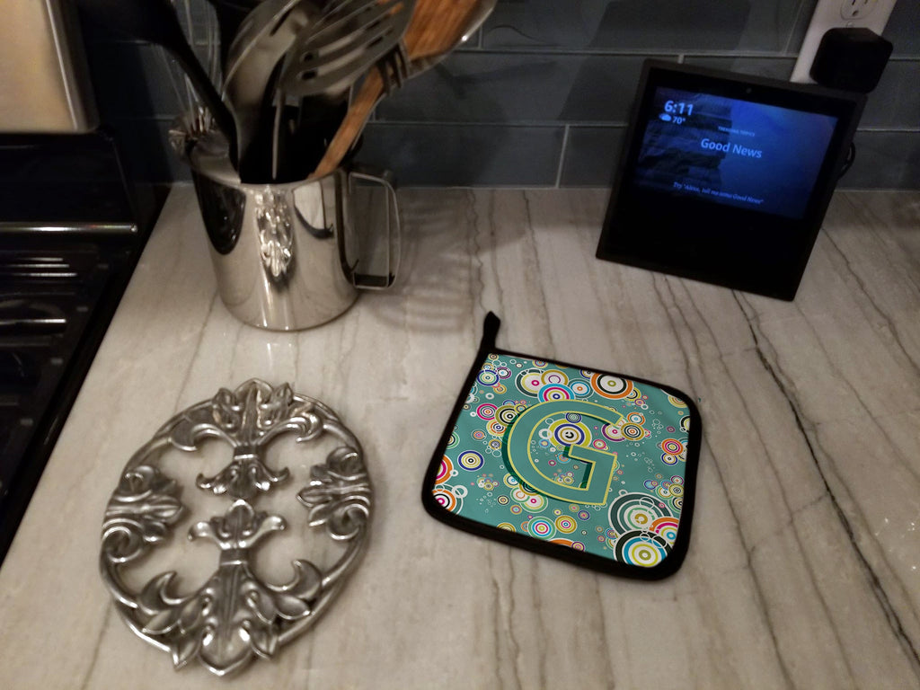 Letter G Circle Circle Teal Initial Alphabet Pot Holder Set of 2 Heat Resistant Quilted Hot Pads 7.5 x 7.5 Inch, Insulated Kitchen Trivets for Cooking & Baking