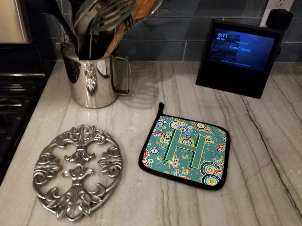 Letter H Circle Circle Teal Initial Alphabet Pot Holder Set of 2 Heat Resistant Quilted Hot Pads 7.5 x 7.5 Inch, Insulated Kitchen Trivets for Cooking & Baking