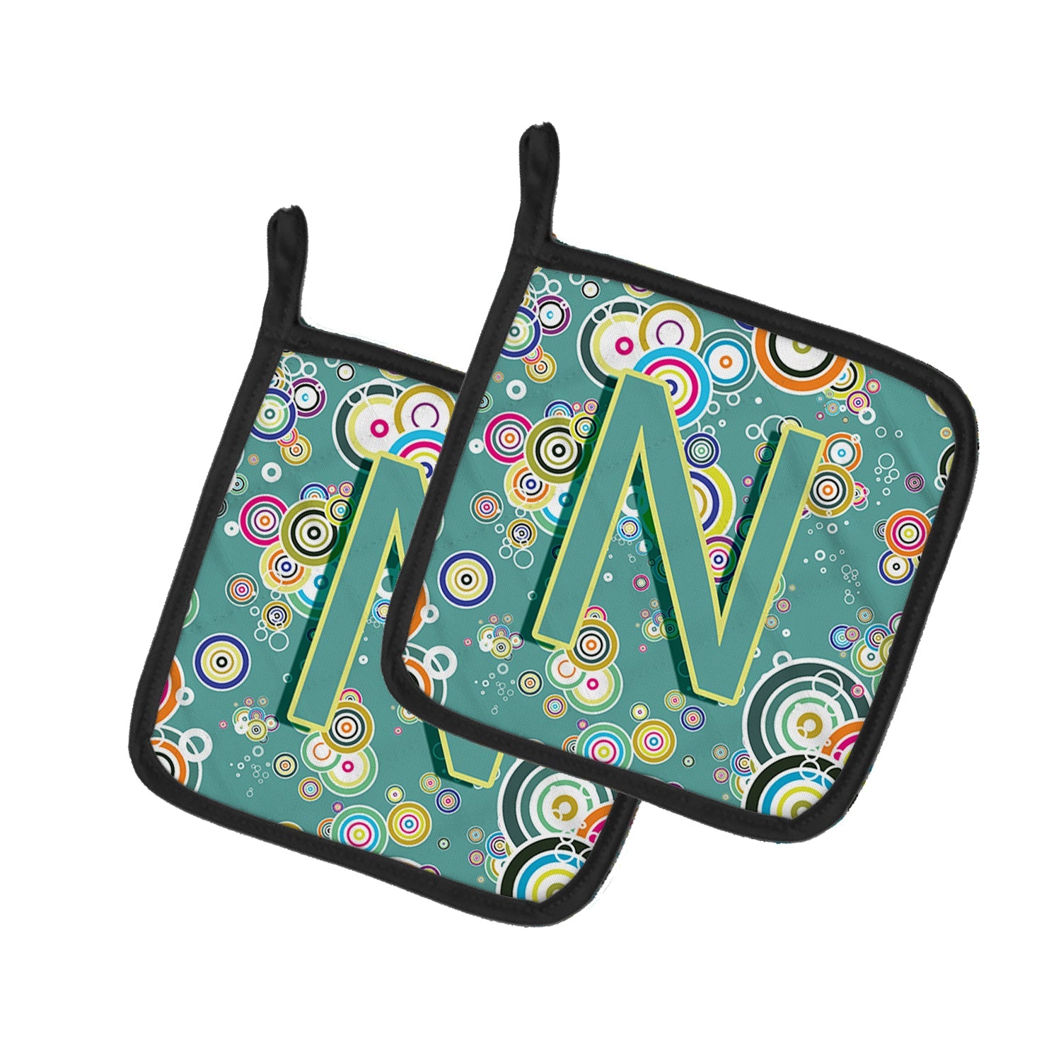 Letter N Circle Circle Teal Initial Alphabet Pot Holder Set of 2 Heat Resistant Quilted Hot Pads 7.5 x 7.5 Inch, Insulated Kitchen Trivets for Cooking & Baking