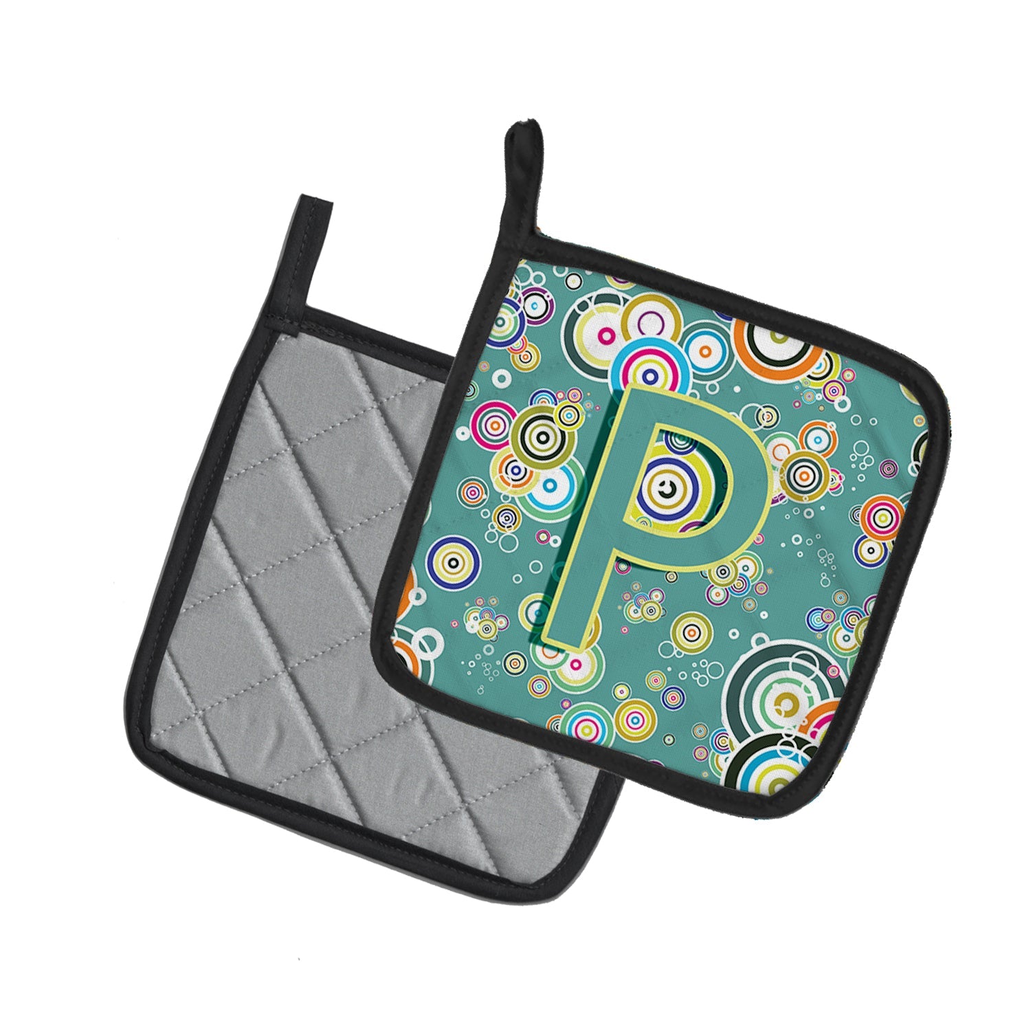 Letter P Circle Circle Teal Initial Alphabet Pot Holder Set of 2 Heat Resistant Quilted Hot Pads 7.5 x 7.5 Inch, Insulated Kitchen Trivets for Cooking & Baking