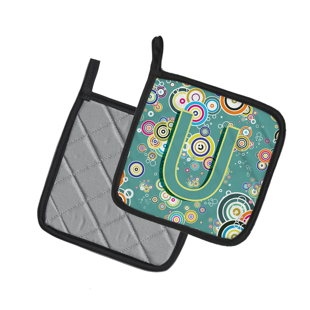 Letter U Circle Circle Teal Initial Alphabet Pot Holder Set of 2 Heat Resistant Quilted Hot Pads 7.5 x 7.5 Inch, Insulated Kitchen Trivets for Cooking & Baking